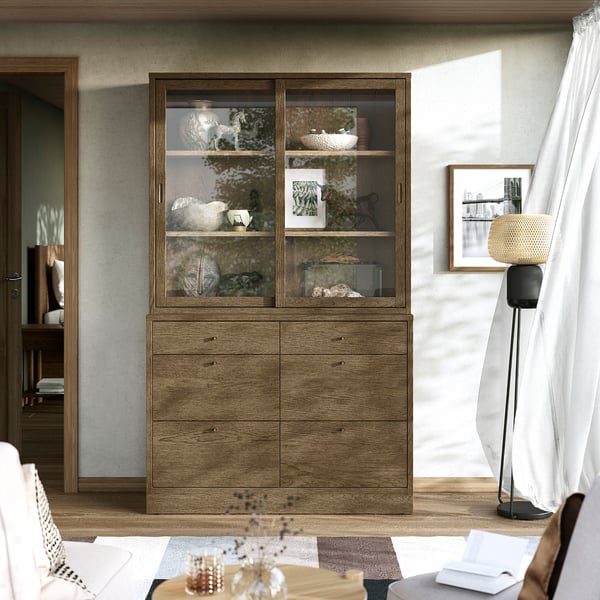 TONSTAD storage combination with drawers, brown stained oak veneer/glass, 121x47x210 cm