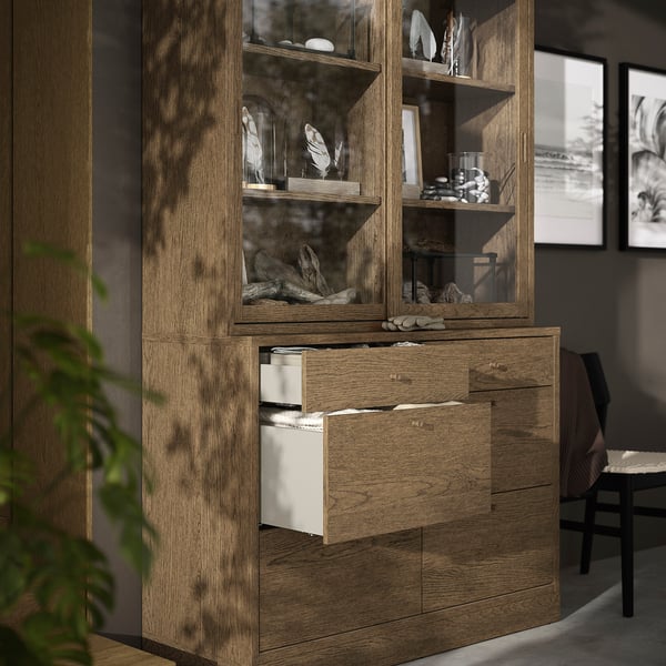 TONSTAD - TONSTAD Storage combination with drawers, brown stained oak veneer/glass, 121x47x210 cm