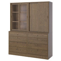 TONSTAD storage combination with drawers, brown stained oak veneer/glass, 164x47x210 cm