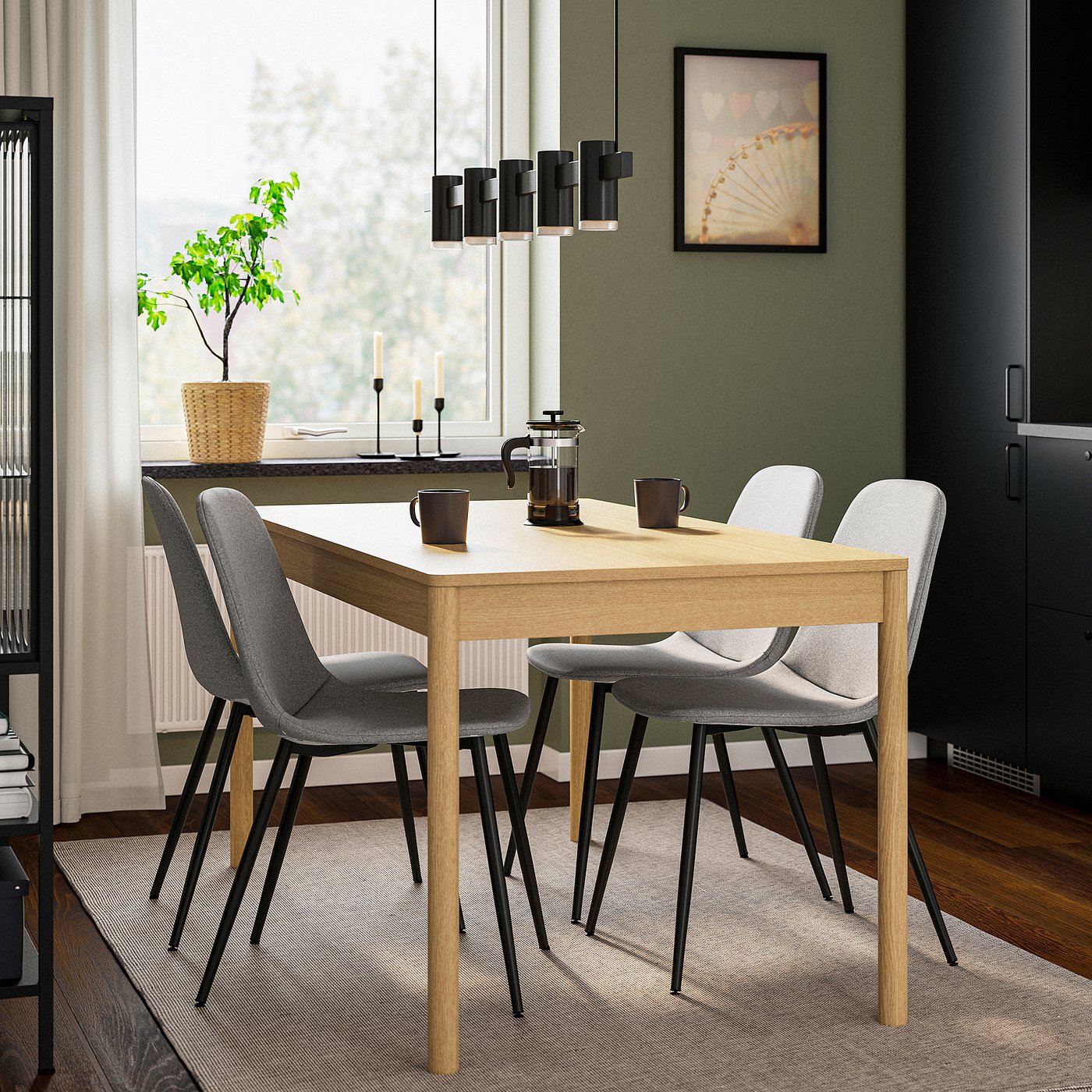 TONSTAD / NORDMANSSKÄR table and 4 chairs, oak veneer/Tonerud grey black, 150x80 cm