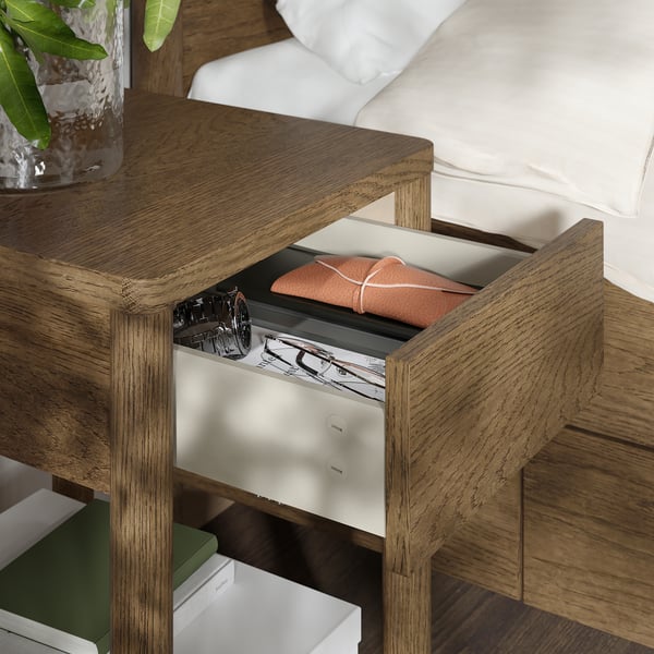 TONSTAD bedroom furniture, set of 3, incl bed storage/brown stained oak veneer, 140x200 cm