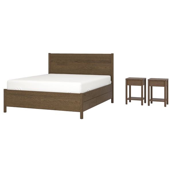 TONSTAD bedroom furniture, set of 3, incl bed storage/brown stained oak veneer, 140x200 cm