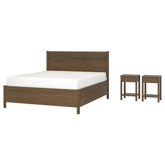 Ikea TONSTAD - 3-piece bedroom set, underbed storage included/brown oak veneer/mordant,140x200 cm