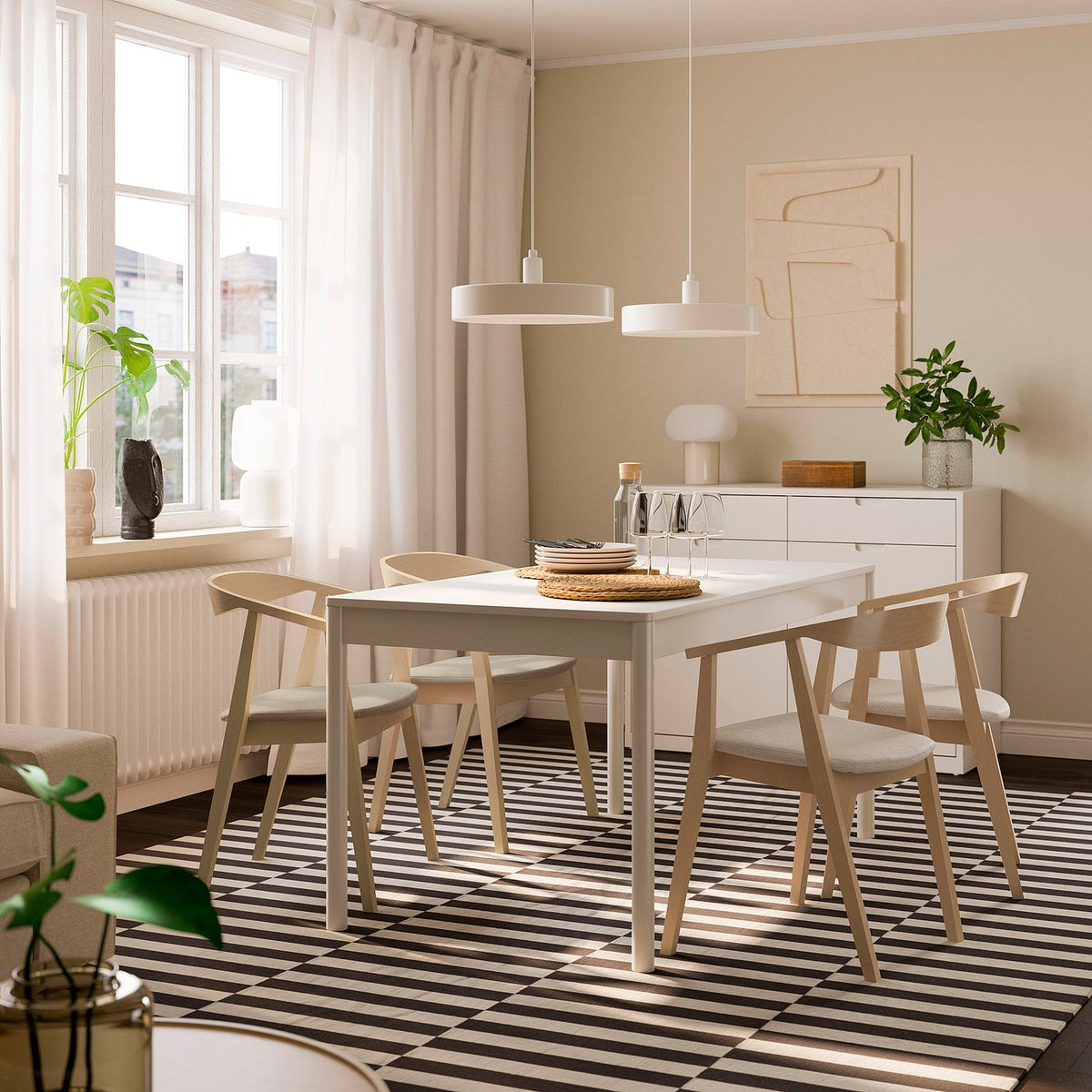 TONSTAD / STOCKHOLM table and 4 chairs, off-white/dark brown ash veneer Tresund, 150x80 cm