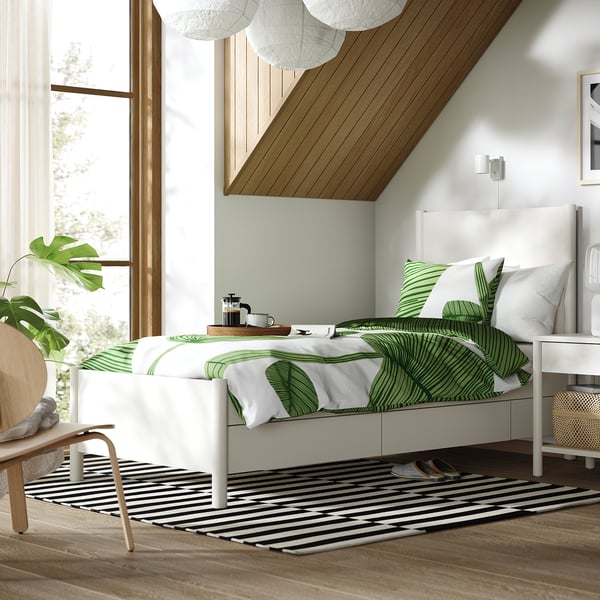 TONSTAD bed frame with storage, off-white/Lindbåden, 90x200 cm