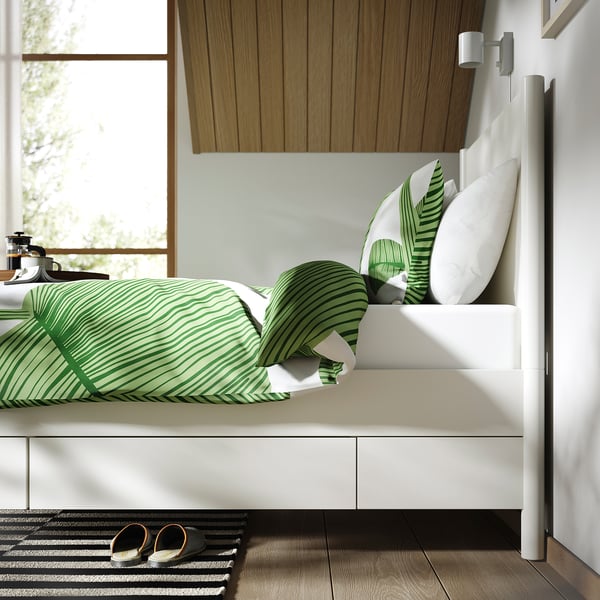TONSTAD bed frame with storage, off-white/Lindbåden, 90x200 cm