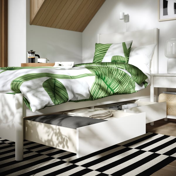 TONSTAD - Bed frame with storage, off-white/Lönset,90x200 cm