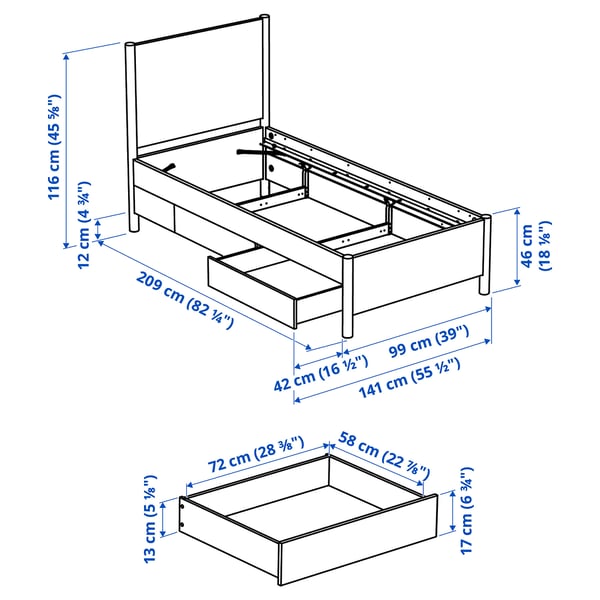TONSTAD - Bed frame with storage, off-white/Lönset,90x200 cm