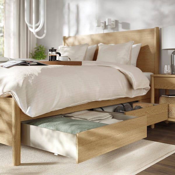 Ikea TONSTAD - Bed frame with drawers, oak veneer/Leirsund,140x200 cm