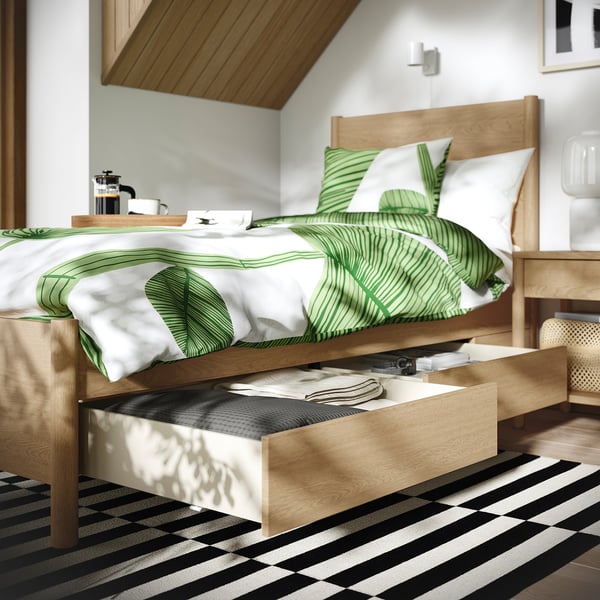 TONSTAD bed frame with storage, oak veneer/Leirsund, 90x200 cm