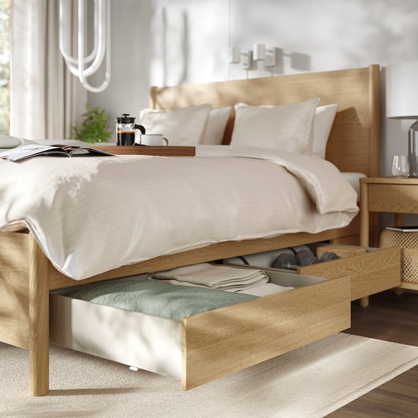TONSTAD bed frame with storage, oak veneer/Lindbåden, 140x200 cm