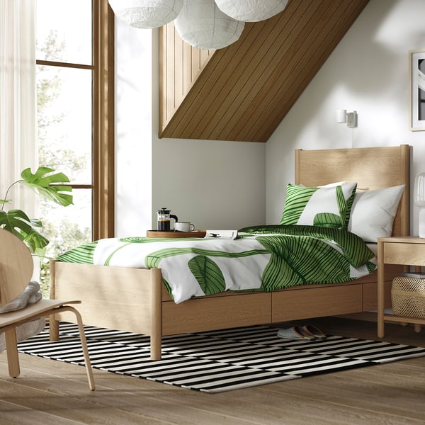 TONSTAD bed frame with storage, oak veneer/Lindbåden, 90x200 cm