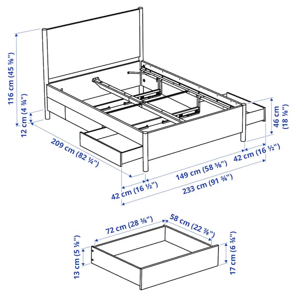 Ikea TONSTAD - Bed frame with drawers, oak veneer/Lindbåden,140x200 cm