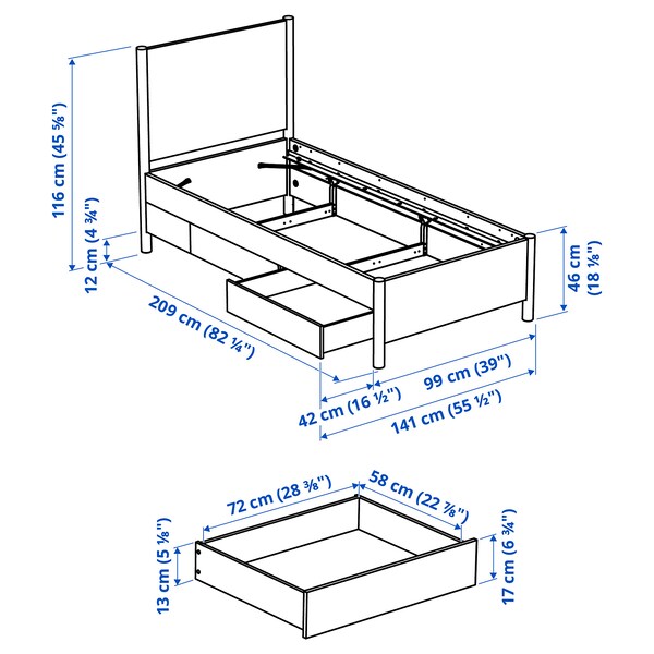 TONSTAD - Bed frame with drawers, oak veneer/Lönset,90x200 cm