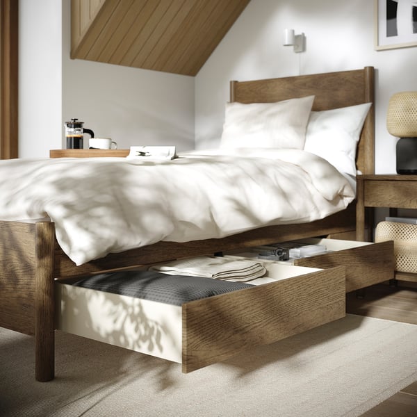 TONSTAD bed frame with storage, brown stained oak veneer/Leirsund, 90x200 cm