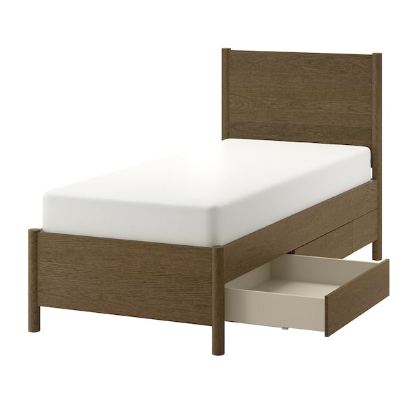 TONSTAD - Bed frame with drawers, brown oak veneer/mordant/Lindbåden,90x200 cm