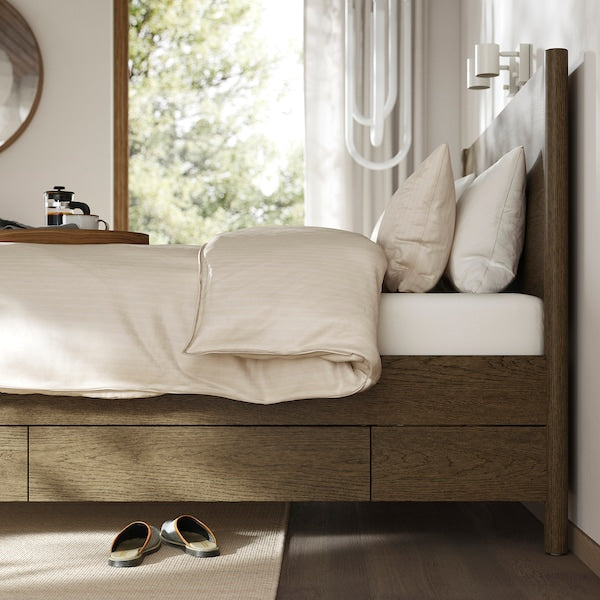 TONSTAD - Bed frame with drawers, brown oak veneer/mordant/Lindbåden,140x200 cm