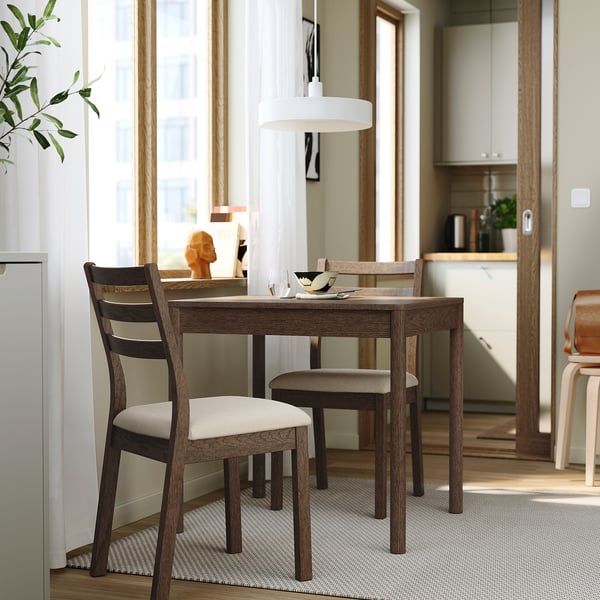 TONSTAD / TONSTAD - Table and 2 chairs, oak effect brown / oak effect brown Fridtuna light beige, 80/120x70 cm - Min. table length: 80 cm Max. table length: 120 cm Table width: 70 cm Table height: 75 cm Chair width: 42 cm Chair depth: 48 cm Chair heigh...