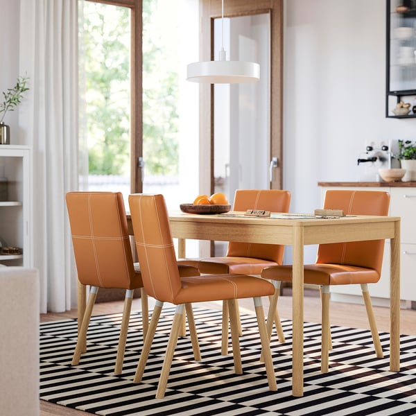 TONSTAD / TONSTAD - Table and 4 chairs, oak effect/Bomstad ochre brown oak effect, 150x80 cm - Table length: 150 cm Table width: 80 cm Table height: 75 cm Chair width: 42 cm Chair depth: 56 cm Chair height: 86 cm.