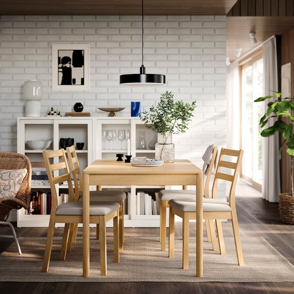 TONSTAD / TONSTAD table and 4 chairs, oak veneer/oak effect Fridtuna light beige, 140/196x85 cm