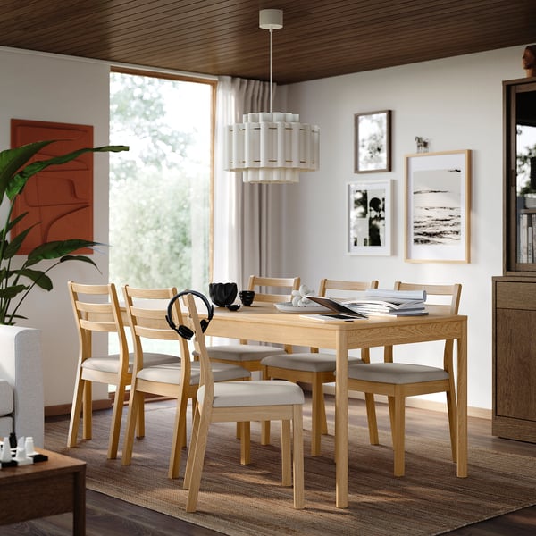 TONSTAD / TONSTAD table and 6 chairs, oak veneer/oak effect Fridtuna light beige, 200x85 cm