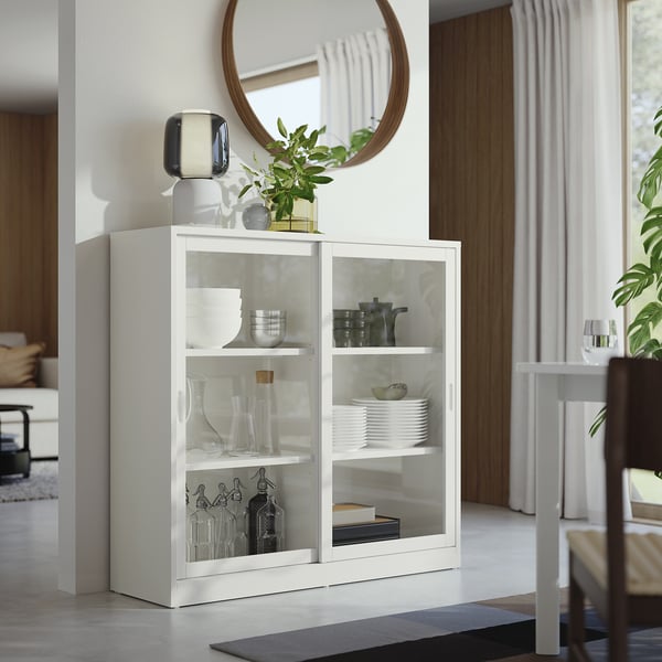 TONSTAD cabinet with sliding glass doors, off-white, 120x37x116 cm