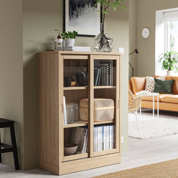 TONSTAD - TONSTAD Cabinet with sliding glass doors, oak veneer, 82x37x120 cm