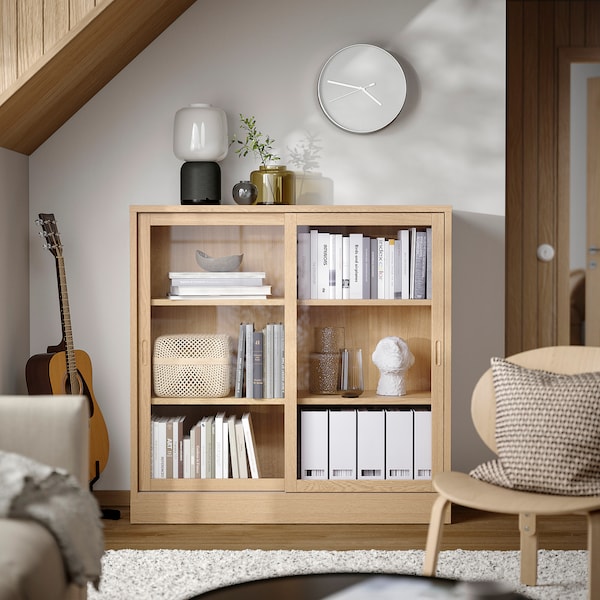 TONSTAD - Cabinet with sliding glass doors, oak veneer, 121x37x120 cm