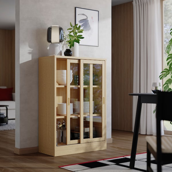 TONSTAD - Cabinet with sliding glass doors, oak veneer, 82x37x120 cm