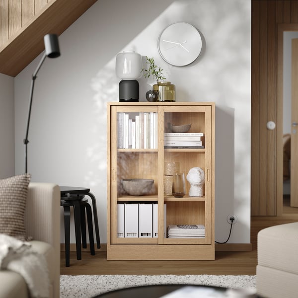 TONSTAD - TONSTAD Cabinet with sliding glass doors, oak veneer, 82x37x120 cm