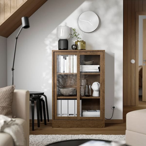 Ikea TONSTAD - Cabinet with sliding glass doors, brown stained oak veneer, 82x37x120 cm