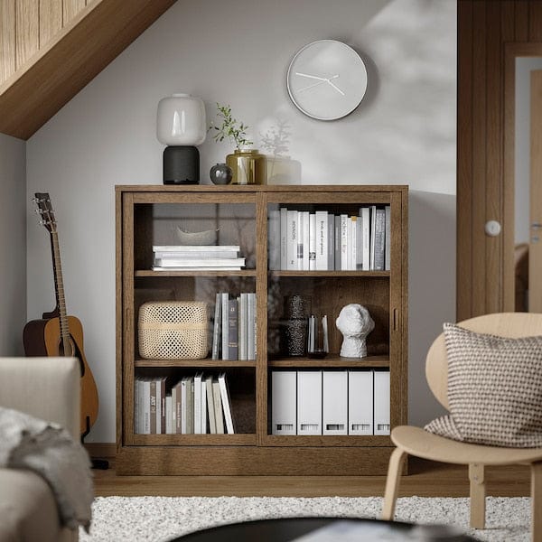 Ikea TONSTAD - Cabinet with sliding glass doors, brown stained oak veneer, 121x37x120 cm