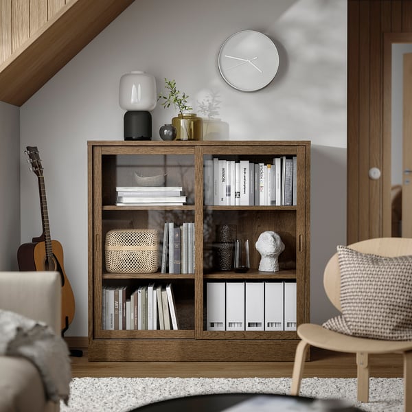 TONSTAD cabinet with sliding glass doors, brown stained oak veneer, 121x37x120 cm