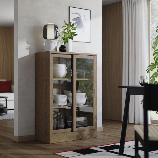 Ikea TONSTAD - Cabinet with sliding glass doors, brown stained oak veneer, 82x37x120 cm