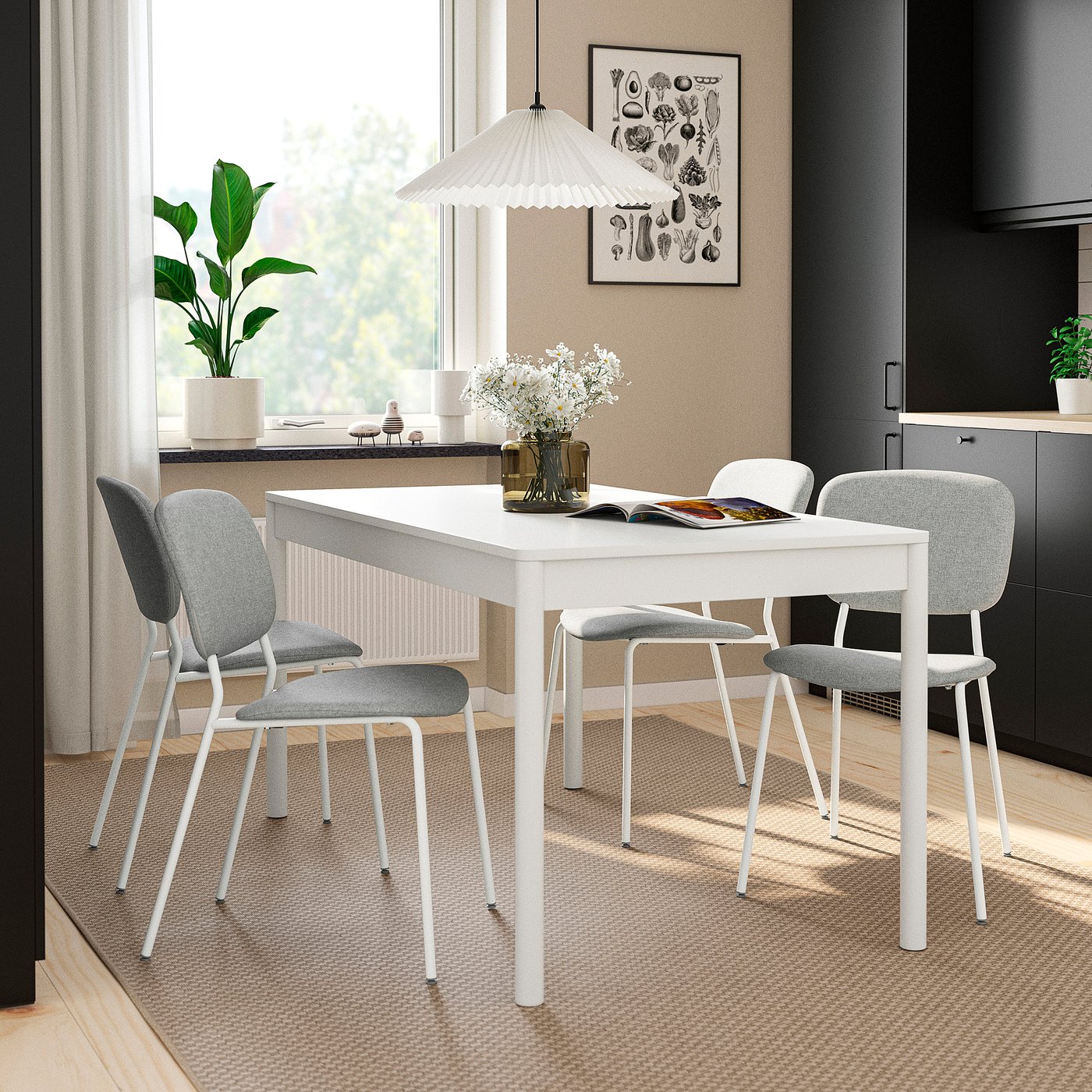 TONSTAD / VIHALS table and 4 chairs, off-white/white Tibbleby beige/grey, 140/196x85 cm
