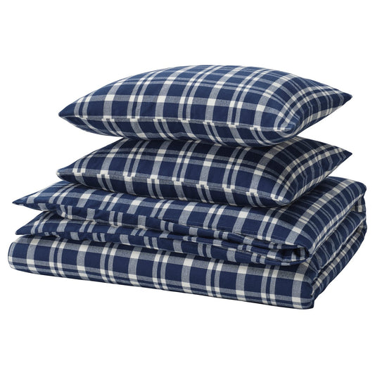 TORNTUSS duvet cover and 2 pillowcases, dark blue/check, 240x220/50x80 cm