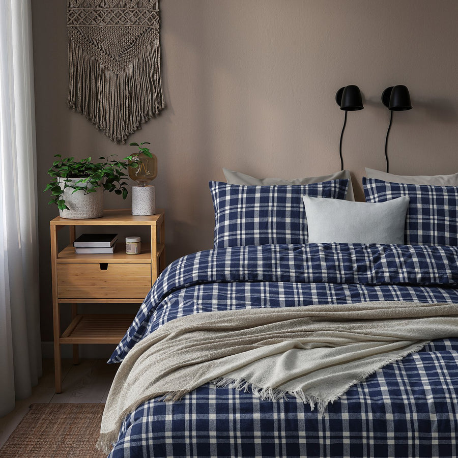 TORNTUSS duvet cover and pillowcase, dark blue/check, 150x200/50x80 cm