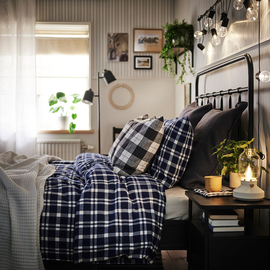 TORNTUSS duvet cover and pillowcase, dark blue/check, 150x200/50x80 cm