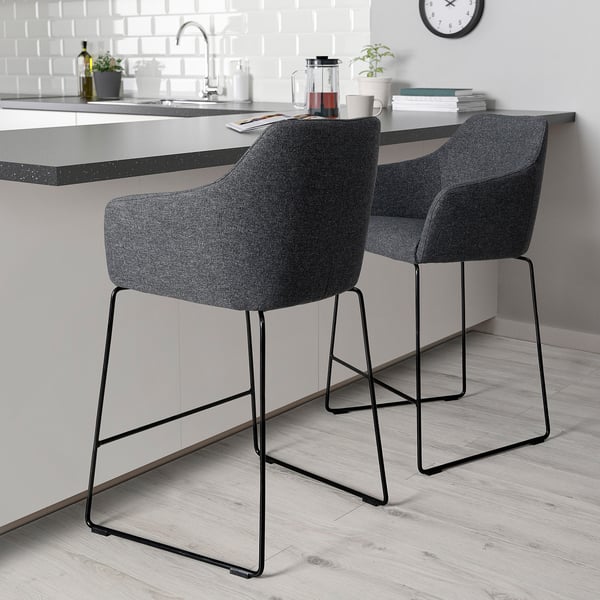 TOSSBERG - Bar stool with backrest, metal black/Gunnared grey ,