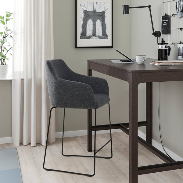 TOSSBERG - Bar stool with backrest, metal black/Gunnared grey ,