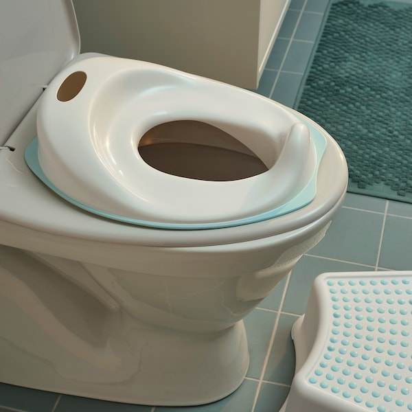 TOSSIG toilet seat, white/turquoise, 30 cm