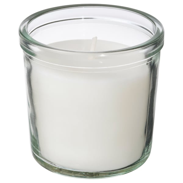 TRÅDCYPRESS scented candle in glass, Fresh linen/white, 20 h
