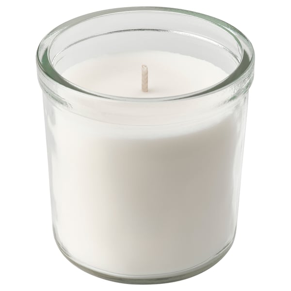 TRÅDCYPRESS scented candle in glass, Fresh linen/white, 40 hr