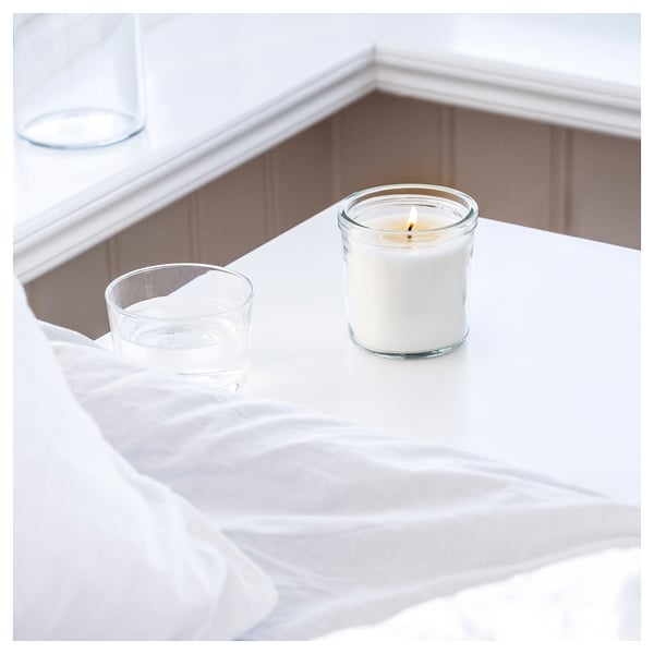 TRÅDCYPRESS scented candle in glass, Fresh linen/white, 40 hr
