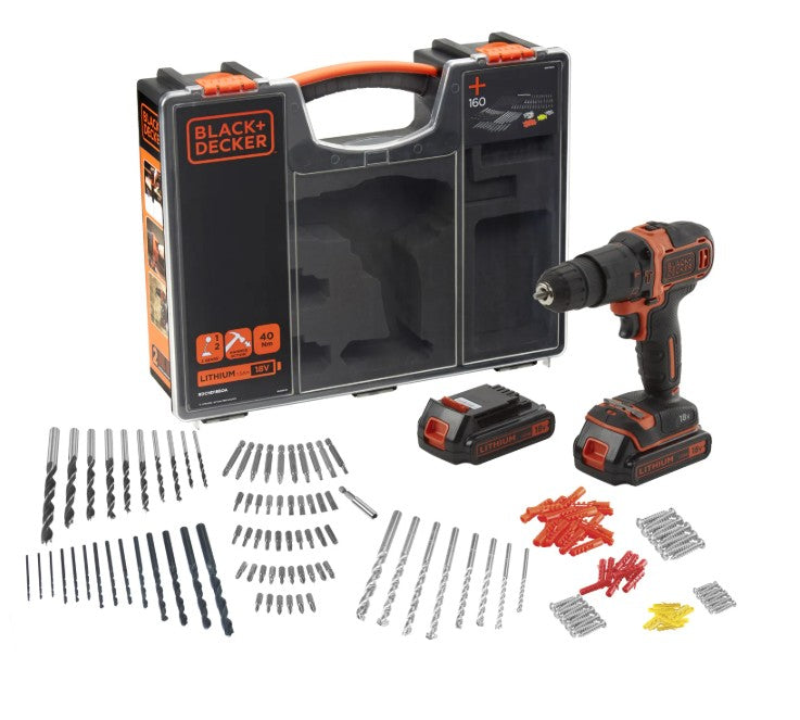 Black&decker 18v cordless impact drill, 2 x 1.5ah batteries + 100 accessories