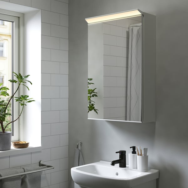TREASJÖN mirror cab 1 door/built-in lighting, 50x17x75 cm