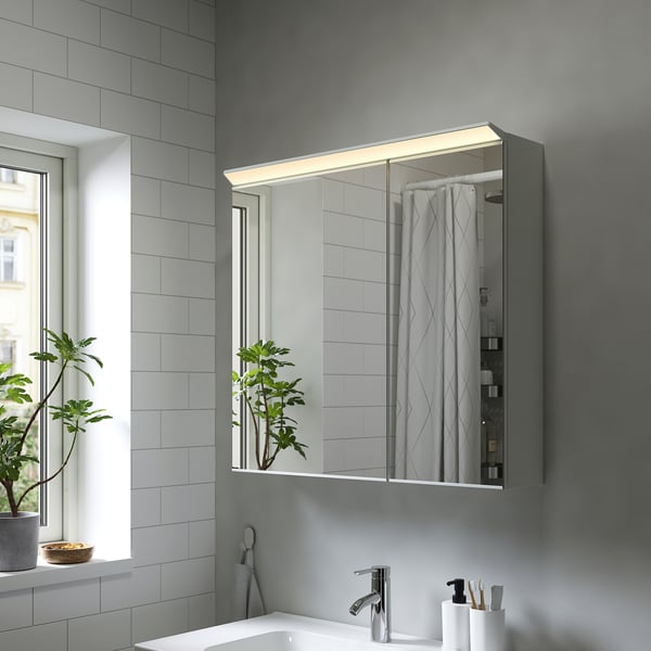TREASJÖN mirror cab 2 door/built-in lighting, 80x17x75 cm