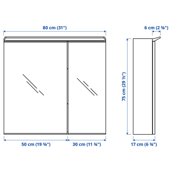 TREASJÖN mirror cab 2 door/built-in lighting, 80x17x75 cm