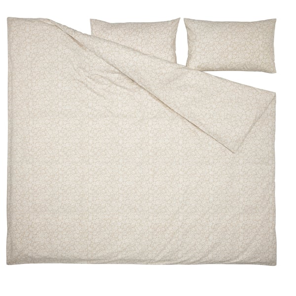 TRINDSTARR - Duvet cover and 2 pillowcases, beige/white , 240x220/50x80 cm