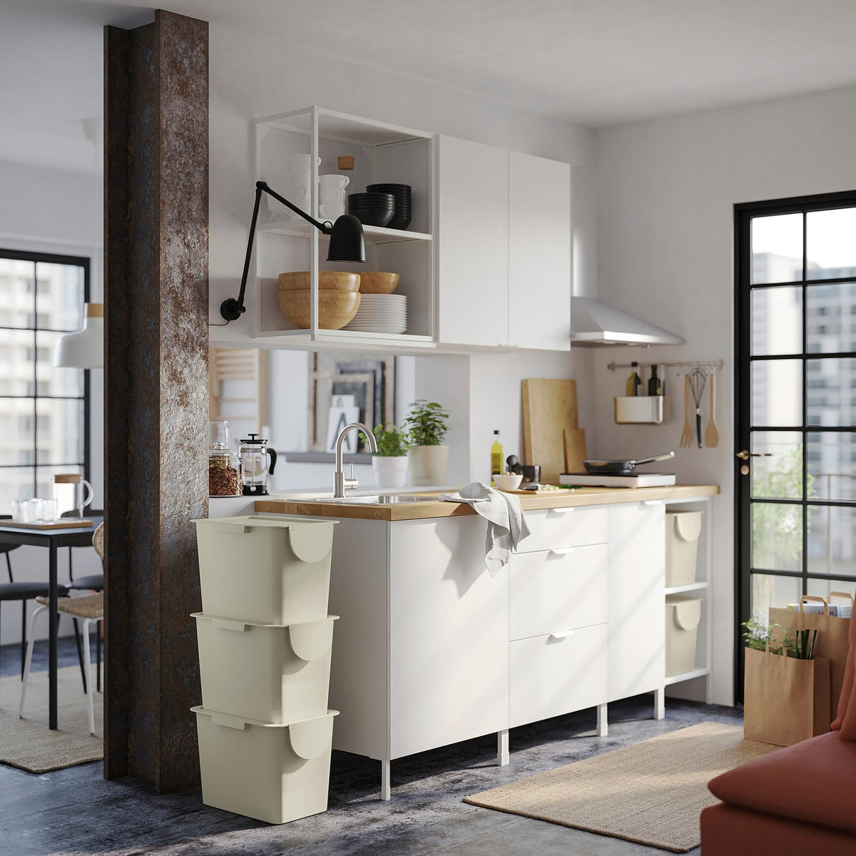 TRÖSKNING bin with lid, light beige, 25 l